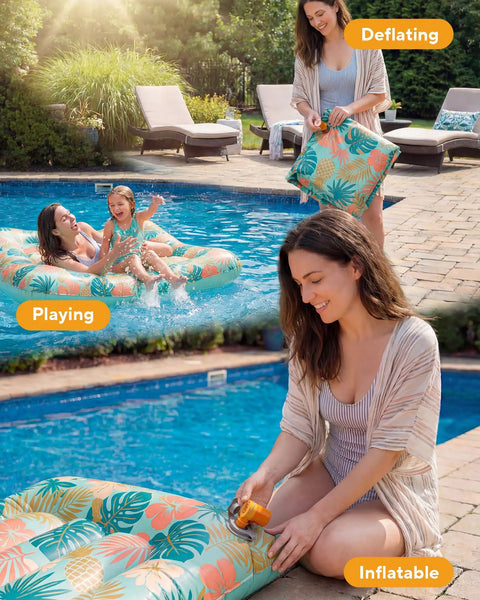 Woman using Ultra Mini Portable Air Pump For Pool Floats And Air Mattress Wireless Inflator And Deflator by a pool.