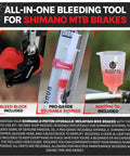 Hydraulic Brake Bleed Kit With 120ml Mineral Oil for Shimano MTB Bikes, shown with a bleed block, reusable syringe, and funnel.