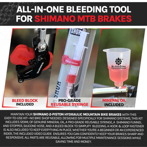 Hydraulic Brake Bleed Kit With 120ml Mineral Oil for Shimano MTB Bikes, shown with a bleed block, reusable syringe, and funnel.