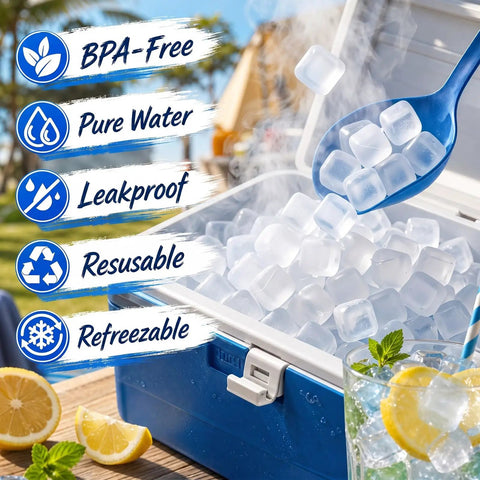 450 Count 15 Lb Reusable Ice Cubes Bulk Set Keeps Drinks Cold Longer Without Dilution in cooler with drink and lemon slices