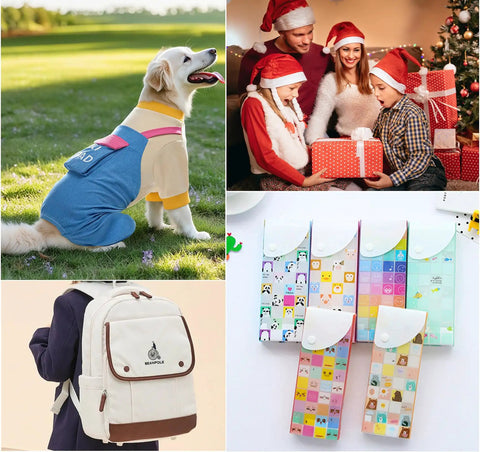 Collage of a dog in clothes, a family opening gifts, a backpack, and colorful stationery items on white background.