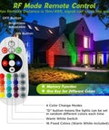 House lit with RGBW Outdoor Pathway Lights 14 Pack With Connectors Color Changing Landscape Spotlights, remote control overlaid.