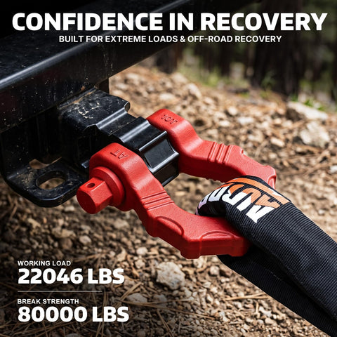 Beefy Heavy Duty 80000 Lb Break Strength D Ring Shackles 3/4 Inch Clevis Shackles with 7/8 Inch Pin in red on tow strap