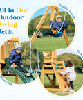 Backyard Wooden Swing Set For Kids And Toddlers With All In One Design Awesome Dual Swings Slide Rock Climbing Wall Blackboard