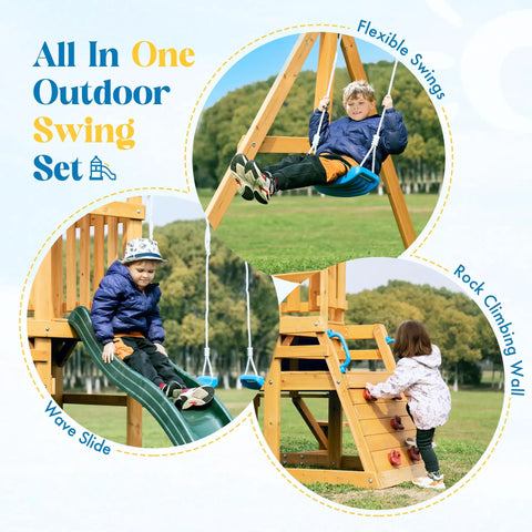 Backyard Wooden Swing Set For Kids And Toddlers With All In One Design Awesome Dual Swings Slide Rock Climbing Wall Blackboard