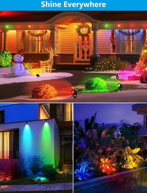 12W RGBW Color Changing Landscape Lights Low Voltage LED Pathway Spotlights Outdoor Waterproof Garden Lighting Kit 4 Pack With Remote Control highlighting vibrant garden decor.