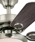 Close-up of 36 Inch Brushed Nickel Ceiling Fan With Dimmable LED Light And Opal Frosted Glass, Reversible Wengue And Silver Blades