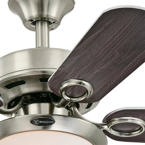 Close-up of 36 Inch Brushed Nickel Ceiling Fan With Dimmable LED Light And Opal Frosted Glass, Reversible Wengue And Silver Blades
