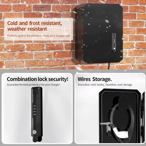Dang Tough Wall Mount Cover For Electric Vehicle Chargers Built From Rigid Cold Rolled Steel With Rock Solid Locking System Completely Waterproof For Any Rough Outdoor Conditions In Glossy Black on a brick wall with snow.