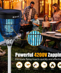 Image of Solar Mosquito Zapper Outdoor With Flame Lamp And Projector Light 4200V Electric Bug Killer beside backyard dinner scene.