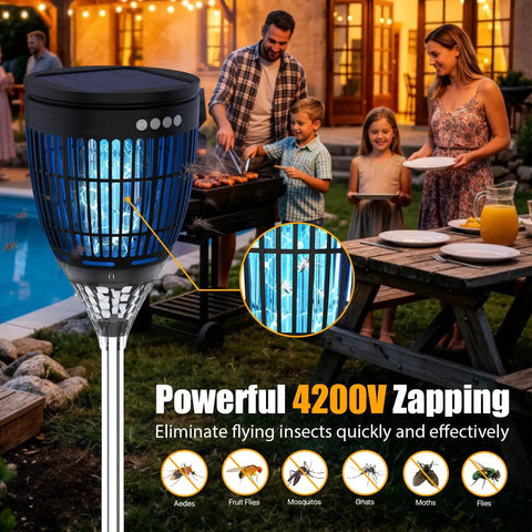 Image of Solar Mosquito Zapper Outdoor With Flame Lamp And Projector Light 4200V Electric Bug Killer beside backyard dinner scene.