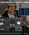 Two Person Podcast Gear Bundle With Dual Audio Mixer And Condenser Mics in use for recording with custom sound effects