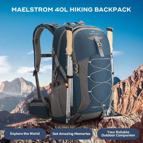40L Lightweight Hiking Backpack With Rain Cover Ripstop 210D Nylon Daypack for camping, shown with trekking poles.