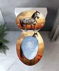 Elongated Toilet Seat Resin for Bathroom with horse and poppy design, top view showcasing scenic artwork.