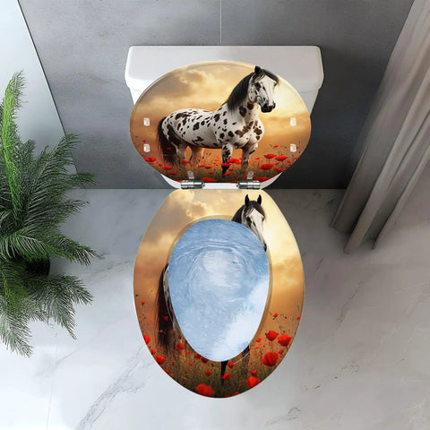 Elongated Toilet Seat Resin for Bathroom with horse and poppy design, top view showcasing scenic artwork.