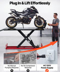 VEVOR Motorcycle Lift Table, 1500 Lb Electric Hydraulic Scissor Jack, plug in operation with a motorcycle elevated on the platform.