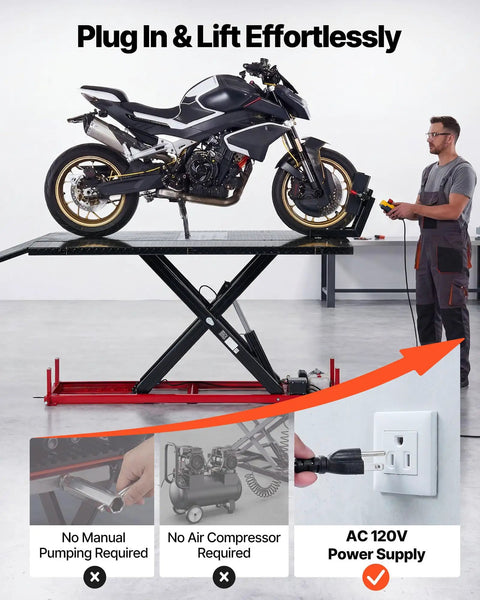 VEVOR Motorcycle Lift Table, 1500 Lb Electric Hydraulic Scissor Jack, plug in operation with a motorcycle elevated on the platform.