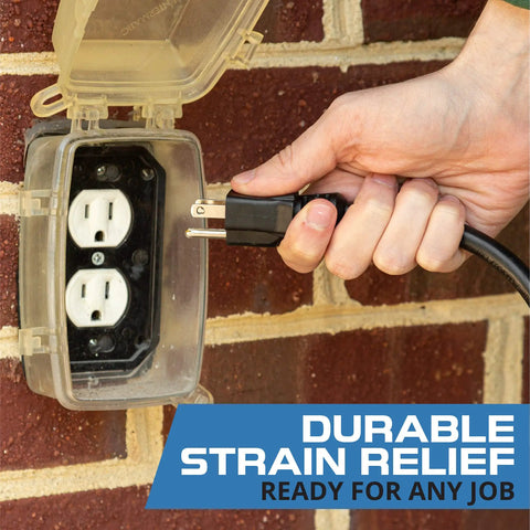 Hand plugging Three Outlet Outdoor Power Strip Go To Extension Cord 100 Ft Heavy Duty 16/3 Black into outdoor socket