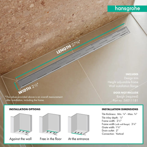 Top Drawer Slick Linear Shower Drain For Standard 30 Inch Rough Opening Featuring Height Adjustable Frame In Brushed Stainless Steel drip free flush mount install dimensions.
