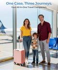 Family with 20 Inch Ride On Luggage For Kids And Adults With Safe Seat at airport, hardside pink carry on case beside them
