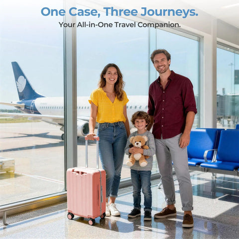 Family with 20 Inch Ride On Luggage For Kids And Adults With Safe Seat at airport, hardside pink carry on case beside them