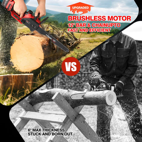 12 Inch Brushless Cordless Chainsaw Tool Only vs traditional chainsaw cutting wood log outdoors
