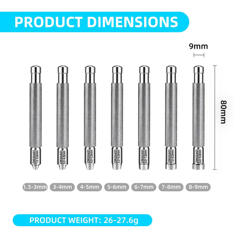7 Piece Crown Winding Set For Mechanical Watches, various crown sizes from 1.5mm to 9mm, tool dimensions 80mm tall, shown in lined set