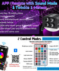 Headliner Kit With Four Color Fiber Optic Lights And Two In One Light Engine for Car Interior, remote control and mobile app interface shown