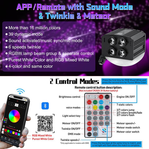 Headliner Kit With Four Color Fiber Optic Lights And Two In One Light Engine for Car Interior, remote control and mobile app interface shown