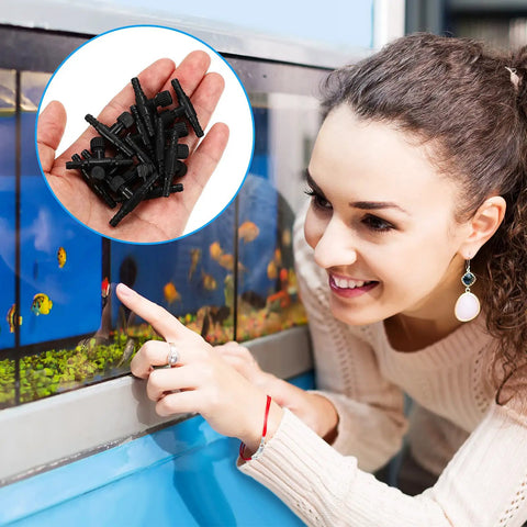 Woman with aquarium and inset of Aquarium Air Control Valve 30 Pack 2 Way T Shaped Flow Regulator for 4 mm Hose Tubing