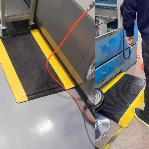 Industrial Anti Fatigue Mat 2 By 5 Feet Standing Floor Mat Fifteen Sixteenth Inch Thick Heavy Duty Commercial Diamond Plate Ergonomic Memory Foam Cushion in use on industrial floor.