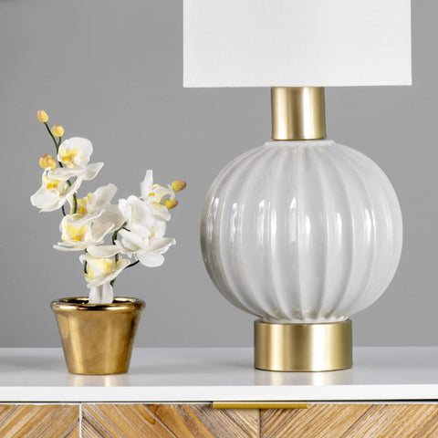 Gray Ceramic Table Lamp With Fabric Shade For End Tables And Living Rooms 25 Inch Tall On Off Switch Modern Nightstand Light