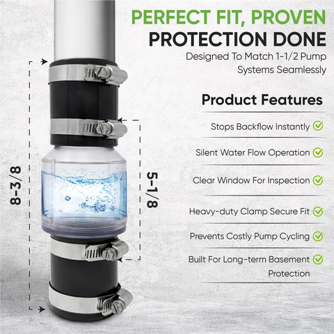Installed PumpSpy 1-1/2 in check valve with Buna-N couplings and steel clamps on sump pump discharge pipe.