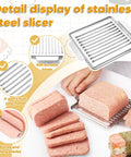 Musubi Press Mold Kit 2 Pack Clear Musubi Maker with stainless steel 304 slicer slicing luncheon meat into even pieces.