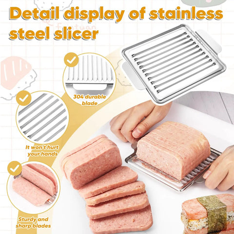 Musubi Press Mold Kit 2 Pack Clear Musubi Maker with stainless steel 304 slicer slicing luncheon meat into even pieces.