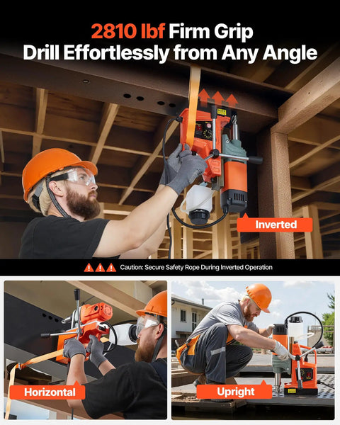 Velvet Soft Vevor 1400 Watt Portable Magnetic Drill Press in horizontal and upright positions for metal coring and industrial jobs.