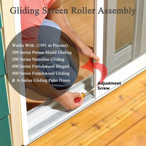 Person adjusting DIY Sliding Screen Door Roller Kit Upper And Lower Nylon 1-1/4 Inch Wheels Concave Edge Adjustable