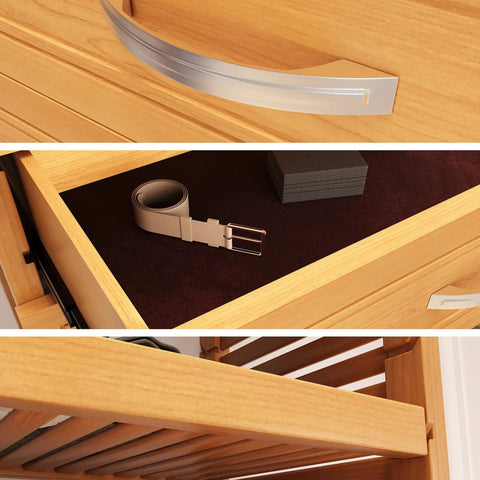 Top Tier Solid Wood Closet Organizer With Wall Mounted Walk In Closet Storage Rack Featuring Soft Close Drawers Vented Shelves Honey Maple Finish satin nickel hardware close-up of drawer handle and belt in velvet lined drawer.