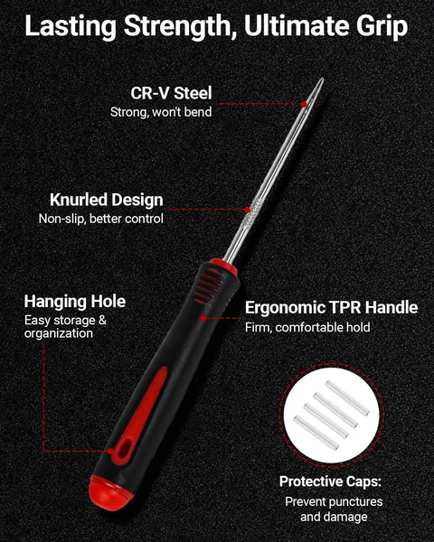 Ergonomic handle of 4 Piece Hook And Pick Set For Tight Spaces Precision Automotive Tools with comfort grip and anti slip shaft.