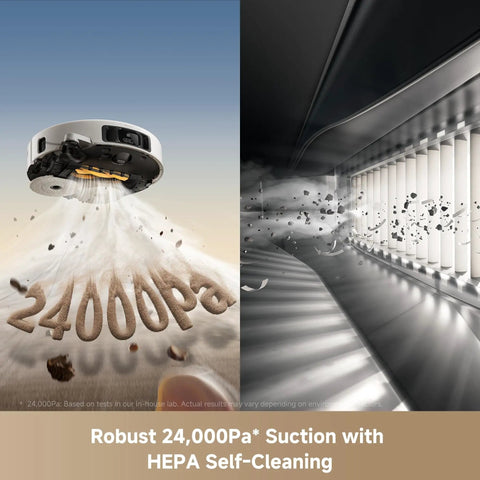Ultra Smart Robot Vacuum And Mop That Delivers Game Changing Clean With 24,000 Pa Suction, white vacuum demonstration