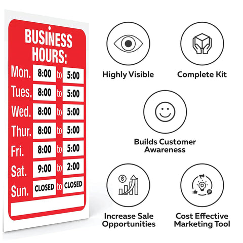 Open Sign For Windows And Doors, Bold Red And White Hours Of Operation Kit with adhesive pads, 7.7 by 11.7 inches for shops and offices
