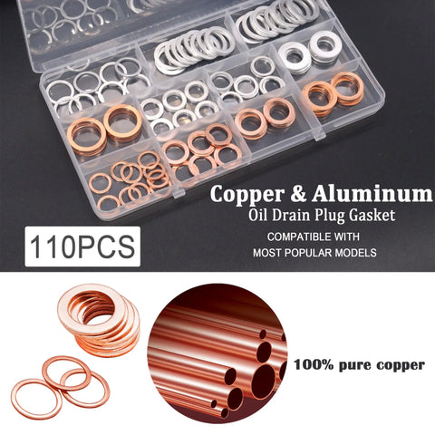 110 Piece Crush Washer Set For Oil Drain Plugs Copper And Aluminum Washers In 5 And 6 Sizes For M10 M12 M14 M16 M18 Engines