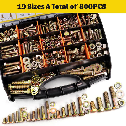 Kickass 800 Piece SAE Hex Bolt And Nut Assortment Kit With Lock Washers Featuring assorted bolts and nuts in a storage case.