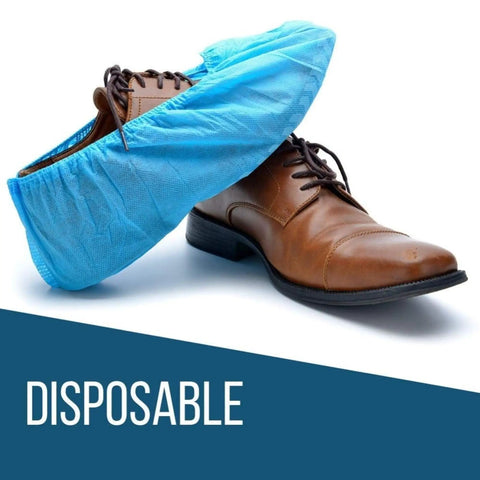 Ultra Thick Disposable Shoe Covers 120 Pack 60 Pairs Non Slip Water Resistant Booties covering a brown shoe