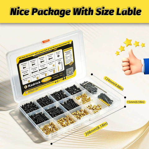 Slick Pro Setup M3 Heat Set Inserts And Legit M3 Socket Screw Tool Kit With Hex Wrench And Hassle Free Installation Tip For Heavy Duty 3D Printing And Maker Creations in organized case.