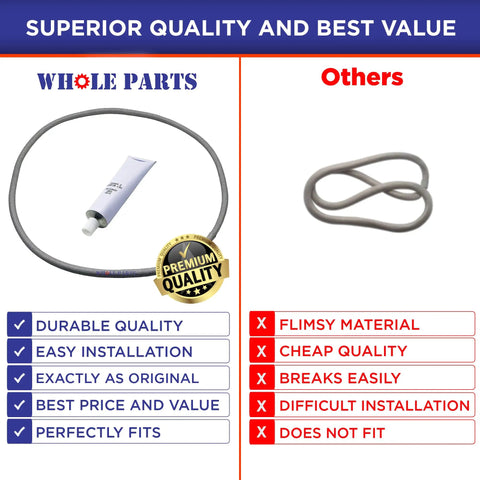 Comparison of upgraded dryer door seal W10906683 with premium quality to a lesser alternative, showing installation benefits.