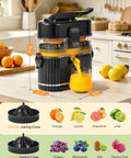 Amzpass Dual Head Electric Orange Juicer With Built In Cutter Citrus Squeeze Machine One Touch Auto Press For Lemons Grapefruits 200W on kitchen counter