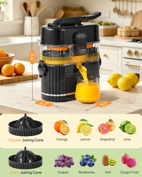 Amzpass Dual Head Electric Orange Juicer With Built In Cutter Citrus Squeeze Machine One Touch Auto Press For Lemons Grapefruits 200W on kitchen counter
