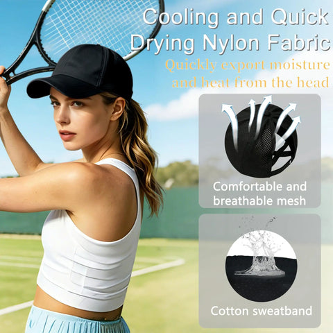 Woman wearing black Criss Cross Ponytail Baseball Cap For Women, Adjustable High Messy Bun Sun Hat, Quick Dry UV Protection.