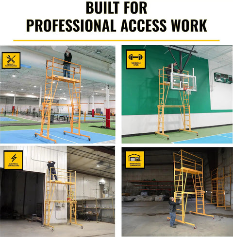 Heavy Duty Adjustable Work Platform Featuring Locked Safety Rails Acts As A Slick Scaffolding Alternative That Rolls Straight Through Standard Doorways For Tight Indoor Or Outdoor Projects Up To Eleven Feet High